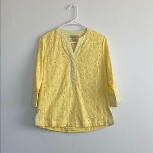 Appleseed's Yellow 3/4 Sleeve Eyelet Blouse with Mandarin Collar